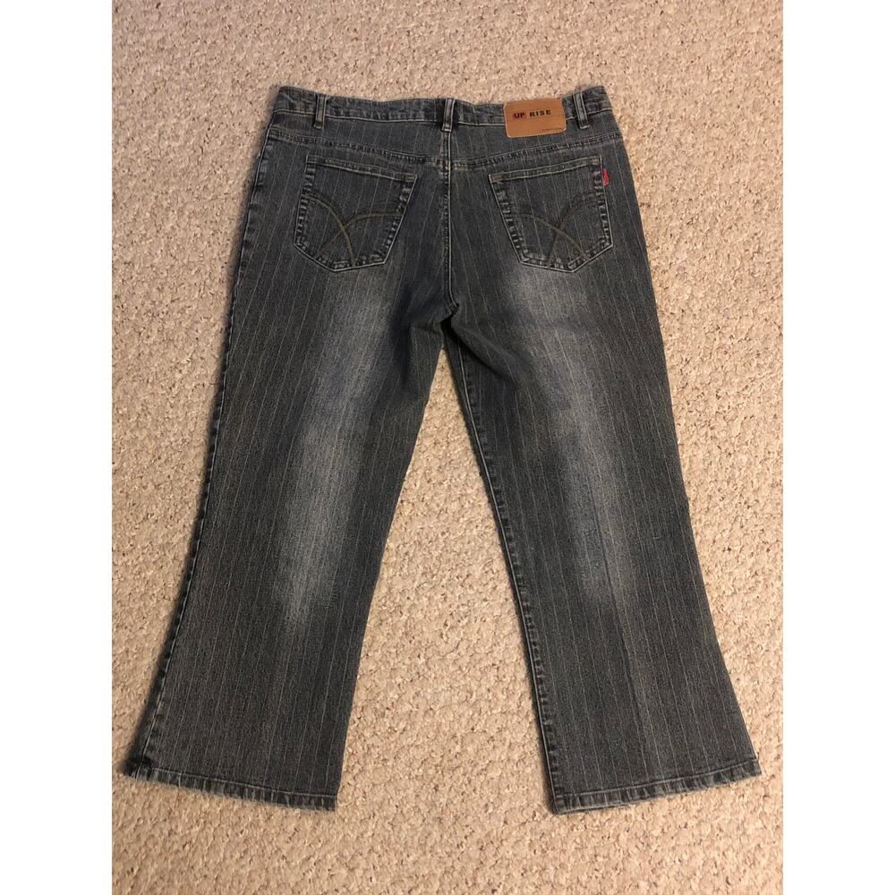 Up Rise Womens Classic Jeans Capri Size 13/14 Distressed White Pinstripe Design